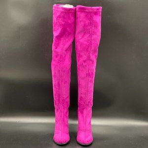 Pink suede almond toe chunky high heels over the knee boots booties shoes